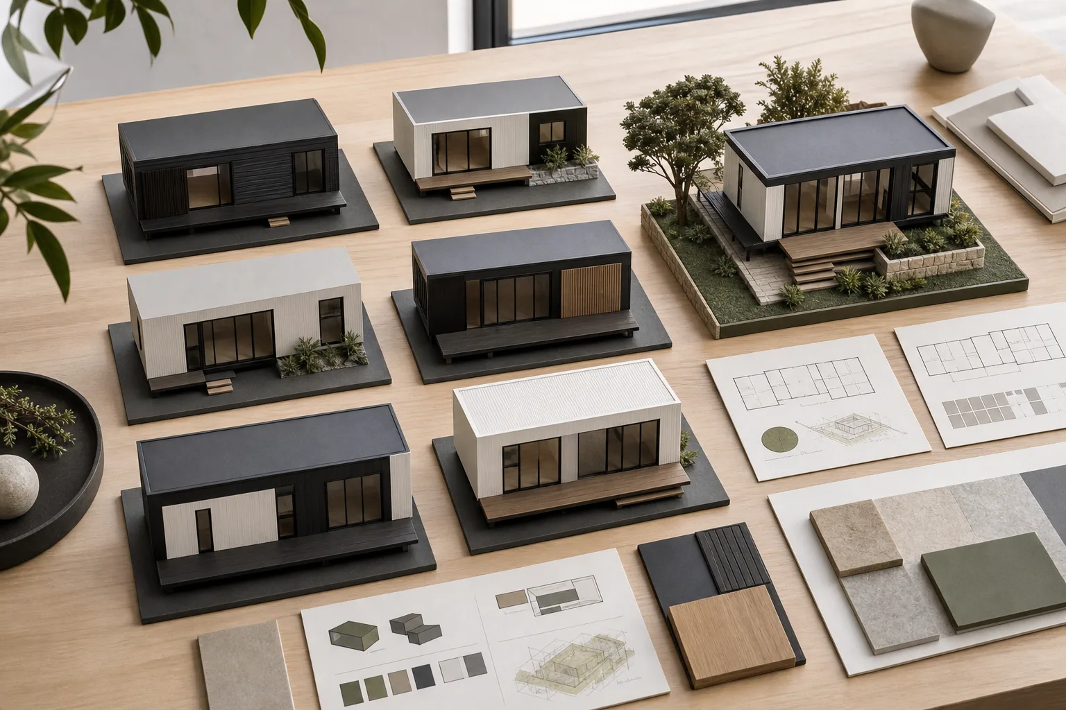 Base modular model options reviewed on a design studio table