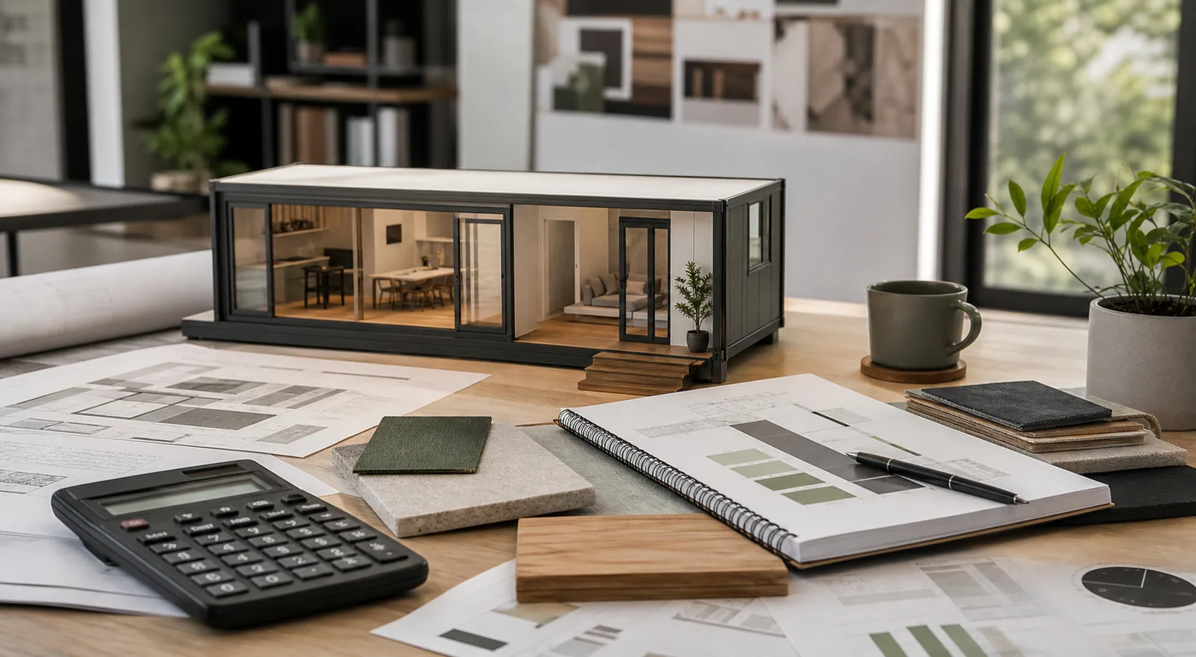 Cost planning documents beside a modular building model