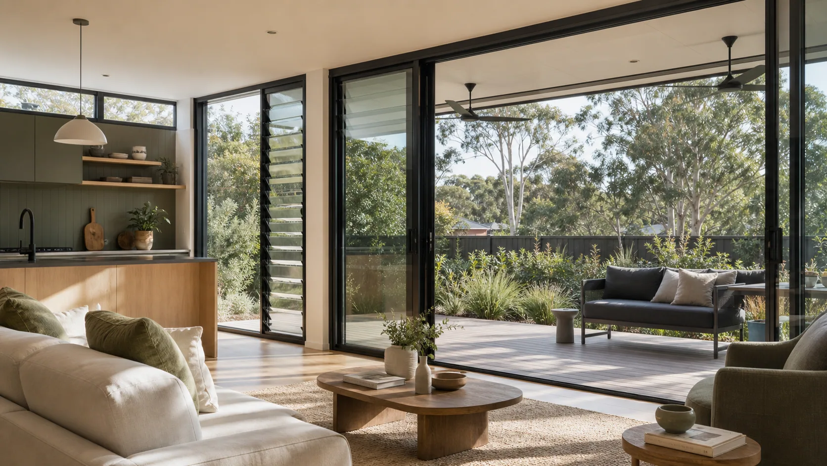 Comfortable modular interior with glazing and shading for Sydney conditions