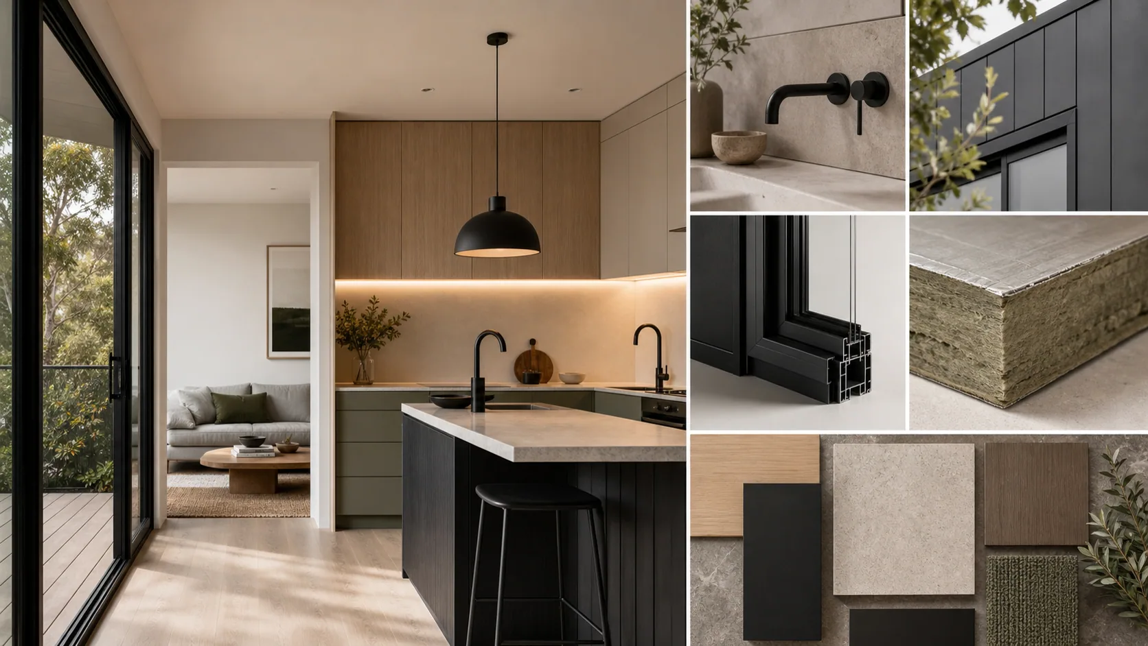 Modular interior finishes and standard inclusions sample board