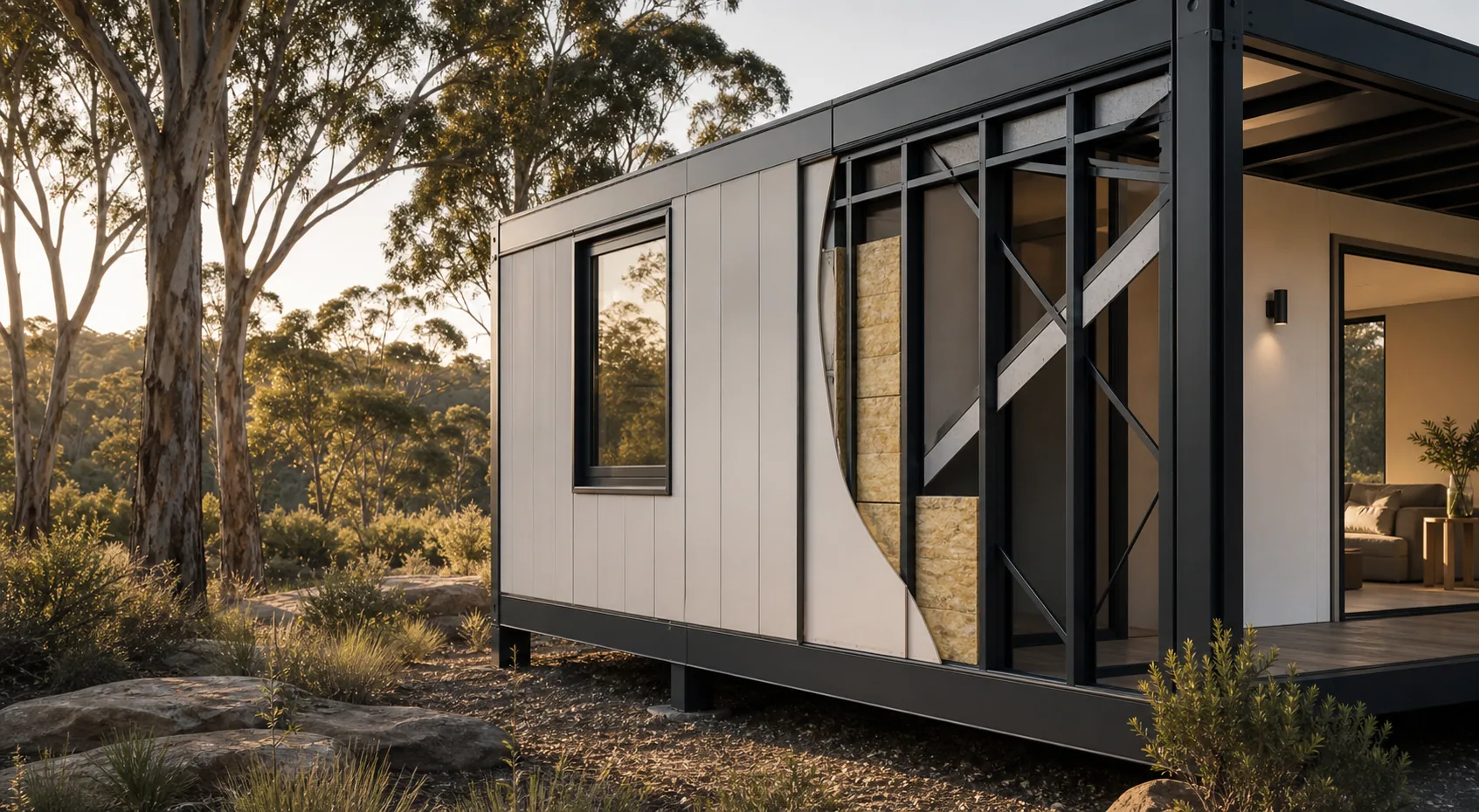 Steel framed modular structure on a regional NSW bushland site