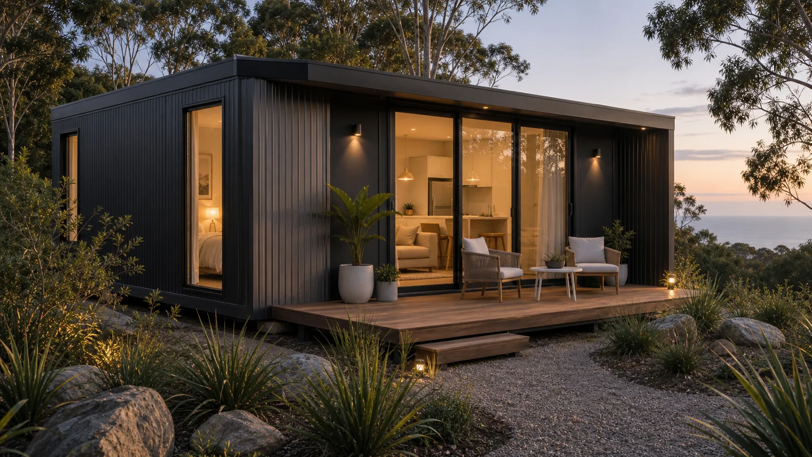 Single modular stay cabin with private deck in a bushland setting