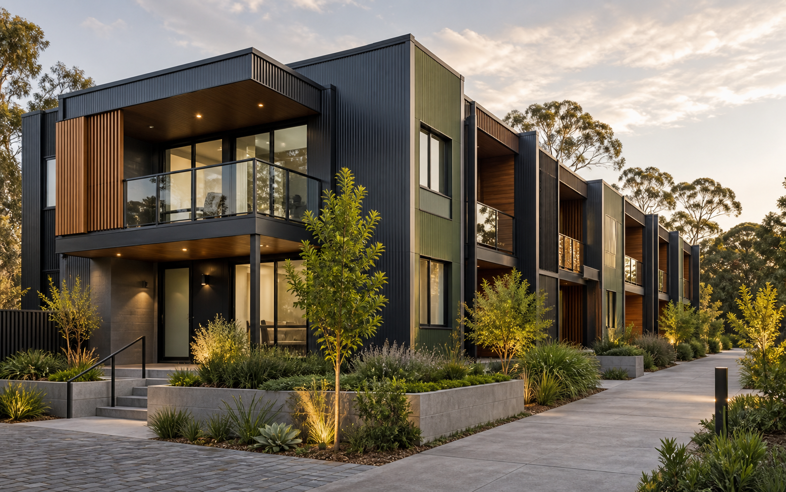 Modular apartment and multi-dwelling development with landscaped paths
