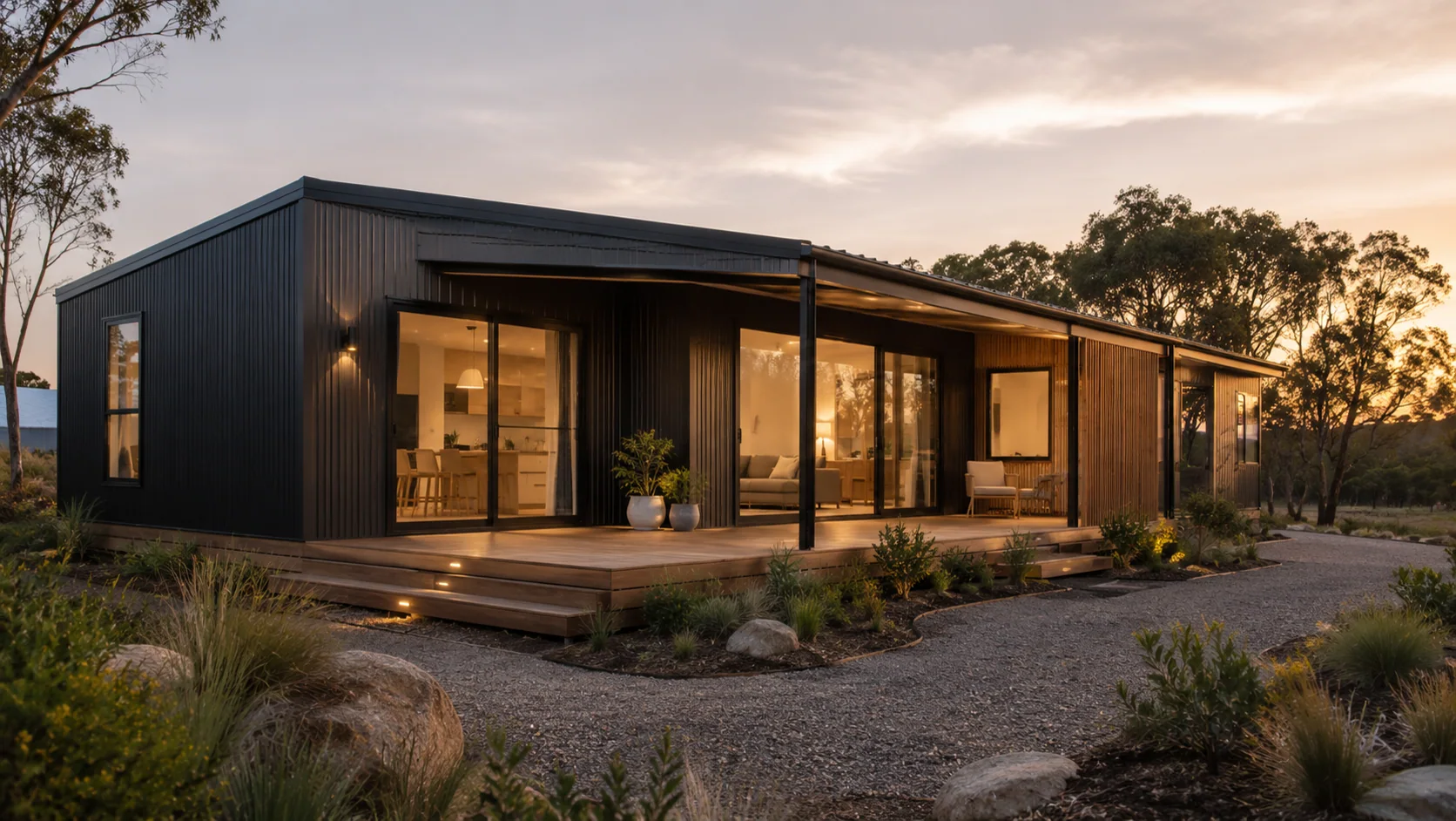 Finished modular home with warm interior lighting in a regional setting