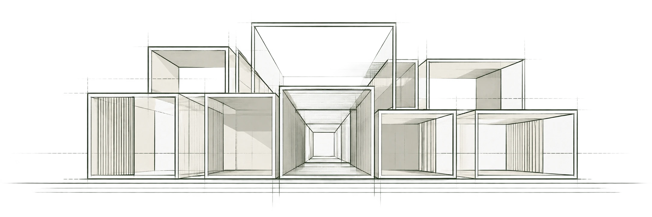 Line drawing of stacked modular volumes forming a home facade