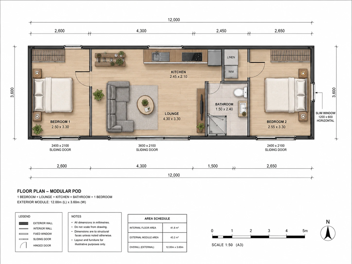 Floor plan for a two bedroom modular pod