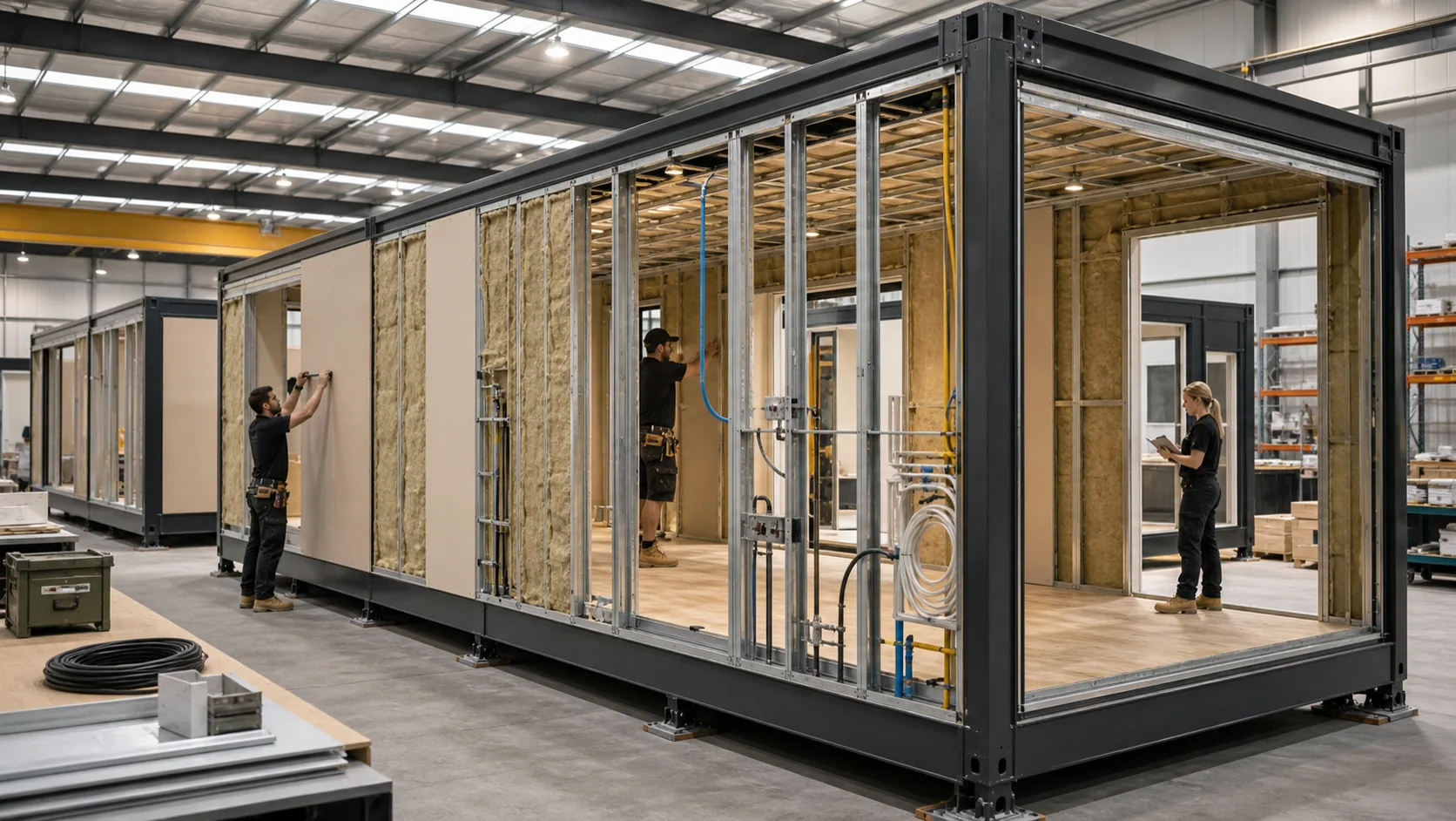 Modular building being assembled in a controlled factory setting