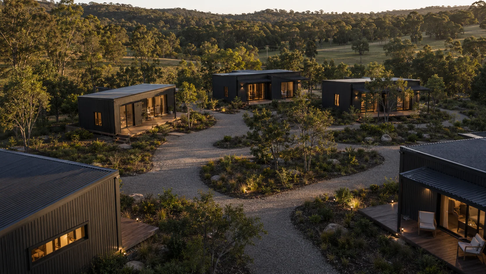 Cluster of modular stay buildings in a landscaped regional retreat
