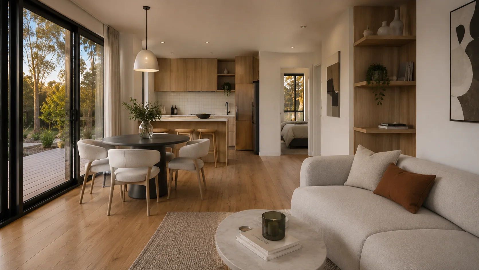 Warm modular home interior with kitchen, dining and living space