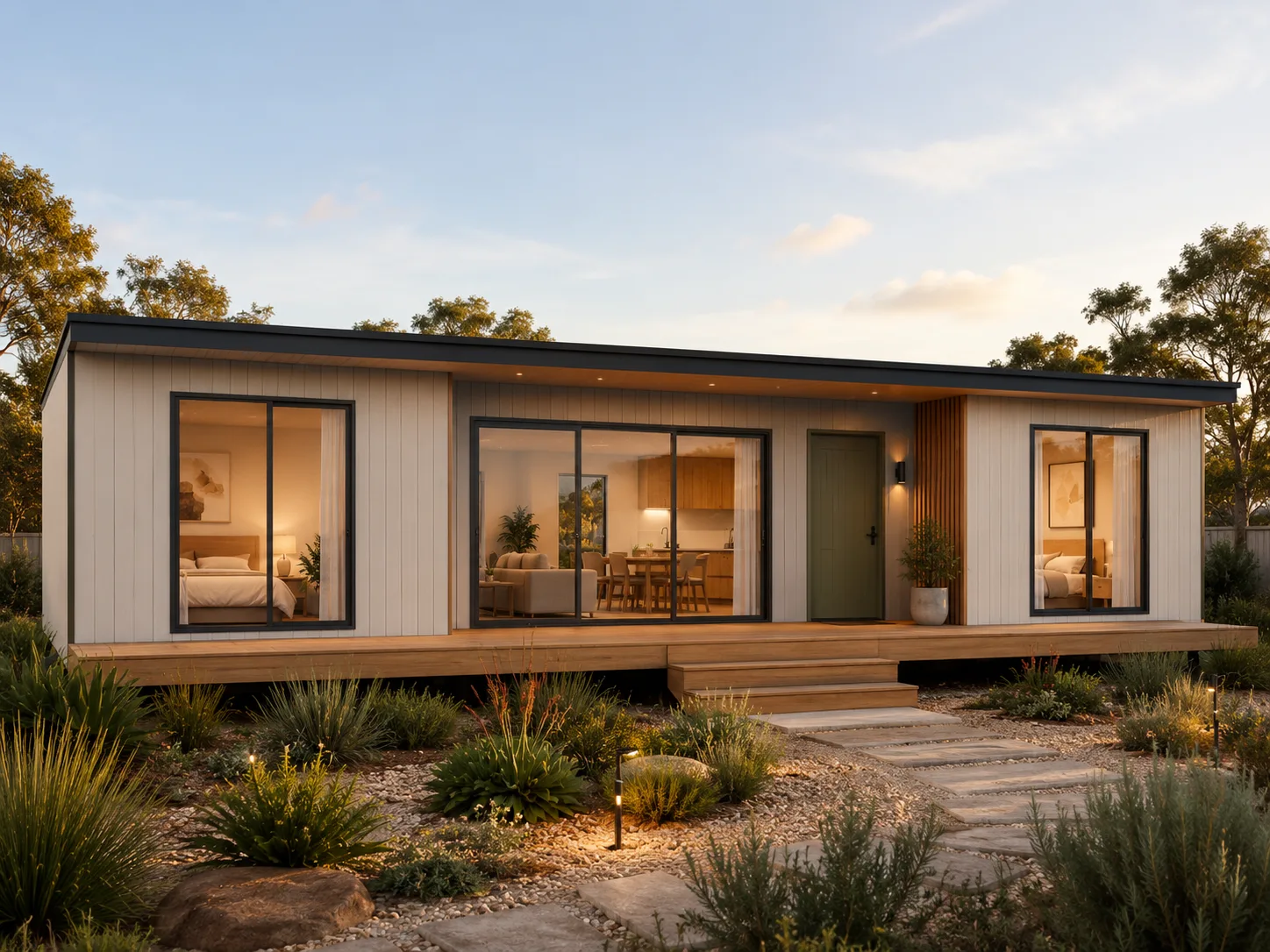 Banksia modular home with sand cladding and green feature facade
