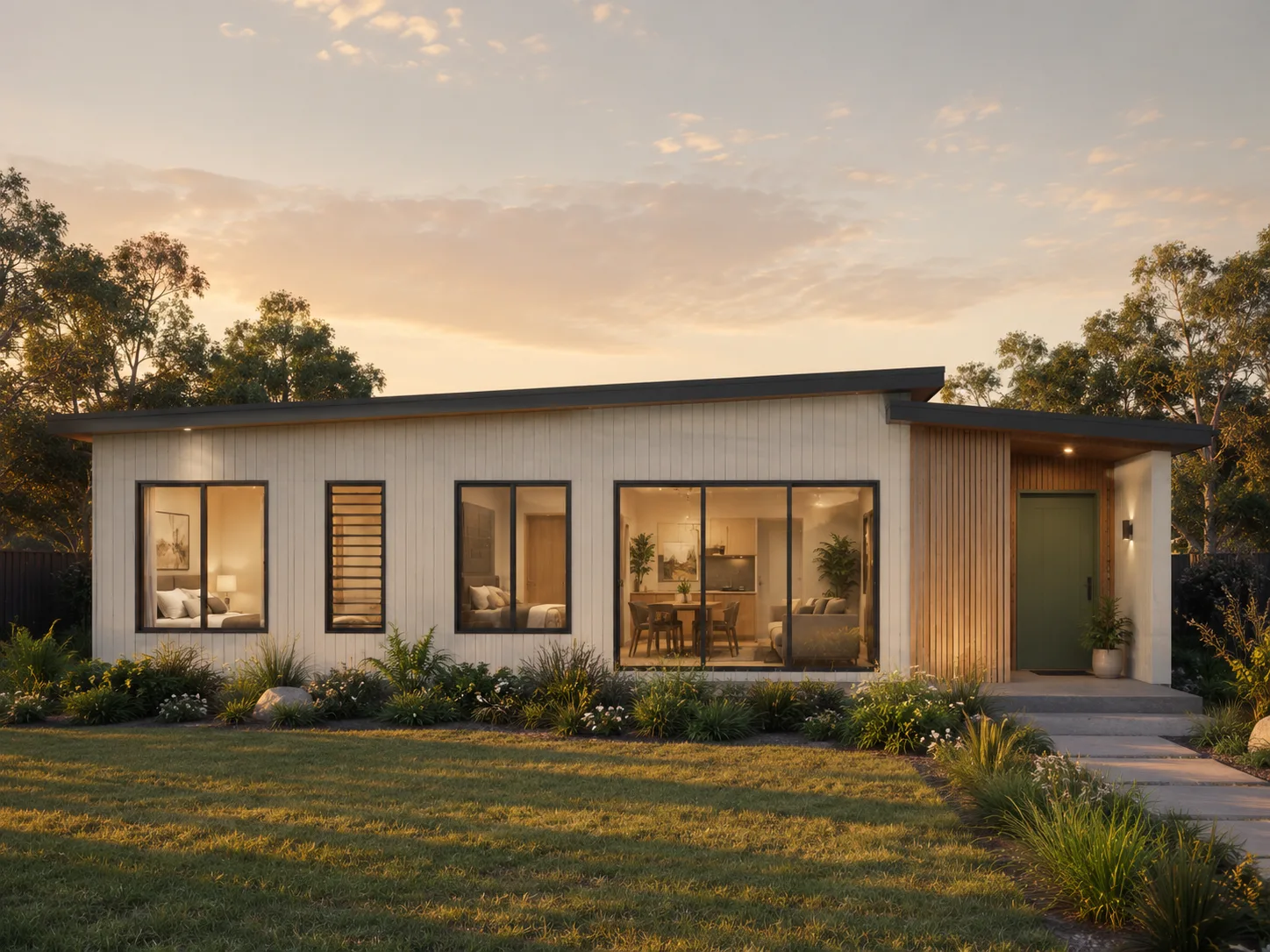 Cedar modular home with sand cladding and green feature facade