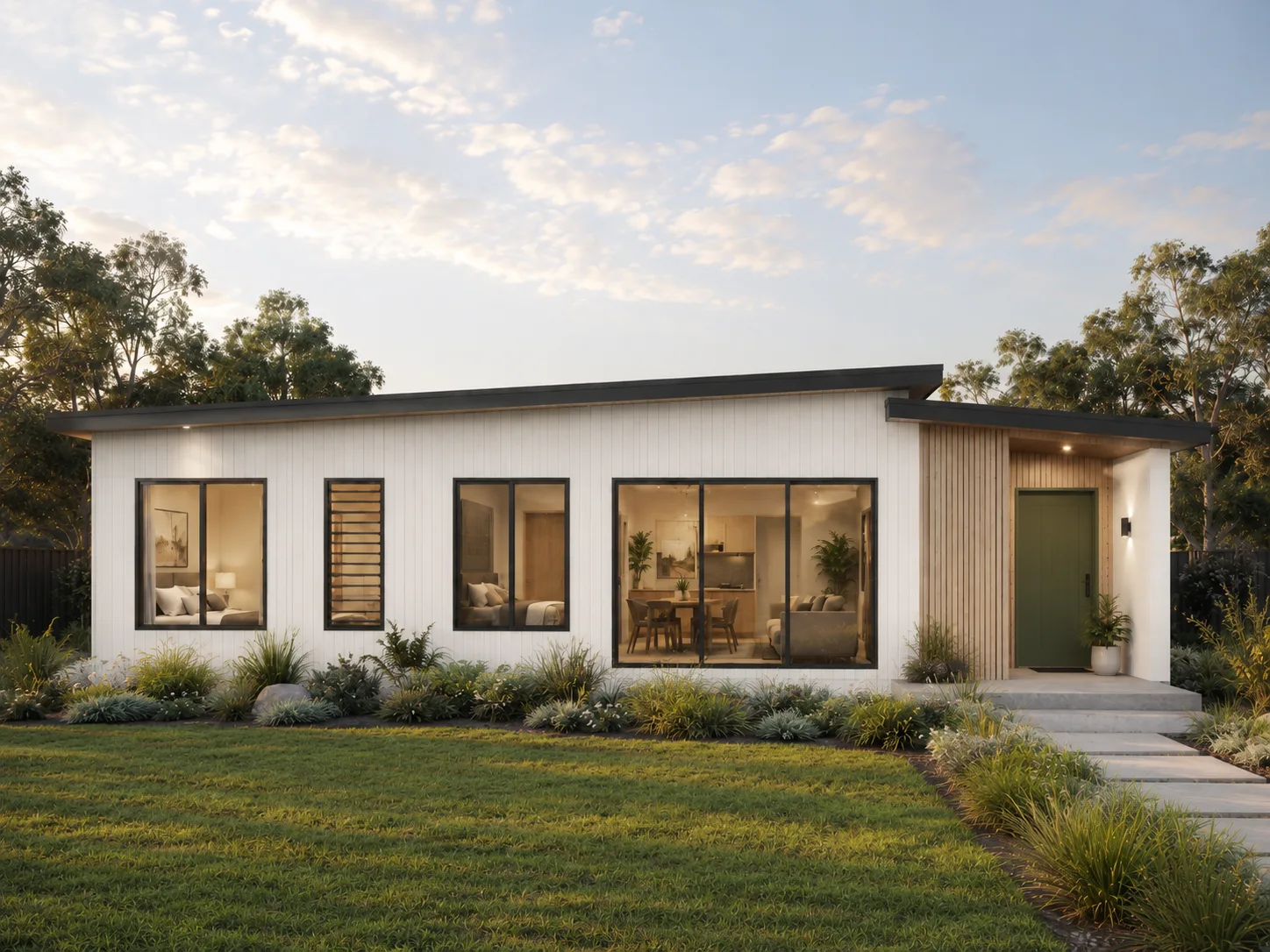 Cedar modular home with white facade