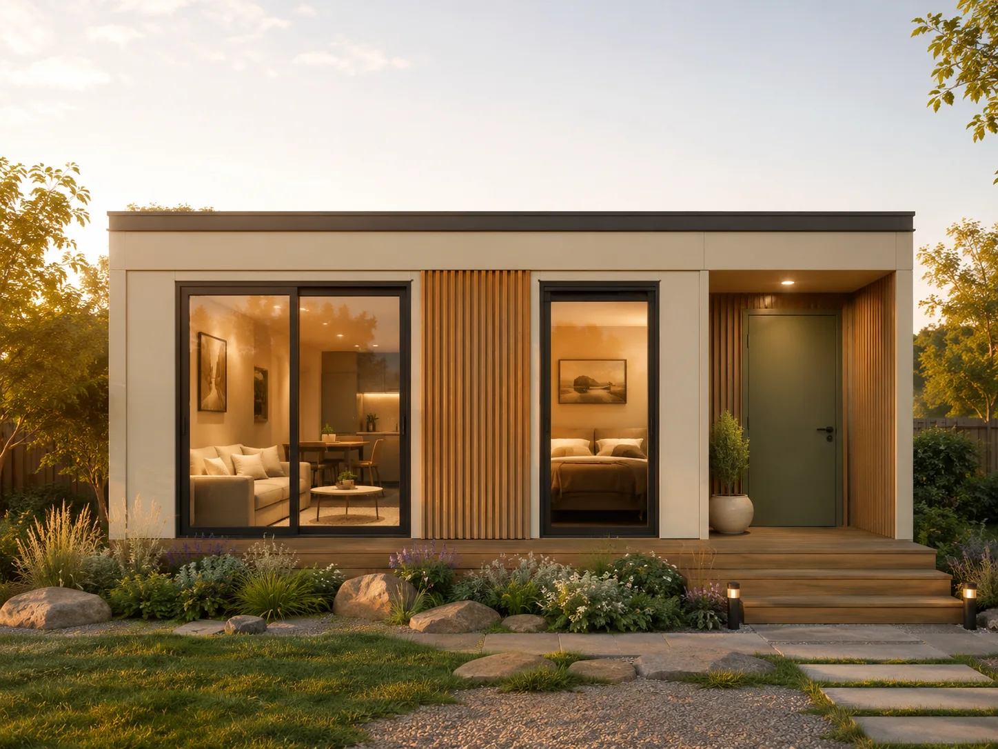Haven modular home with sand cladding and green feature facade