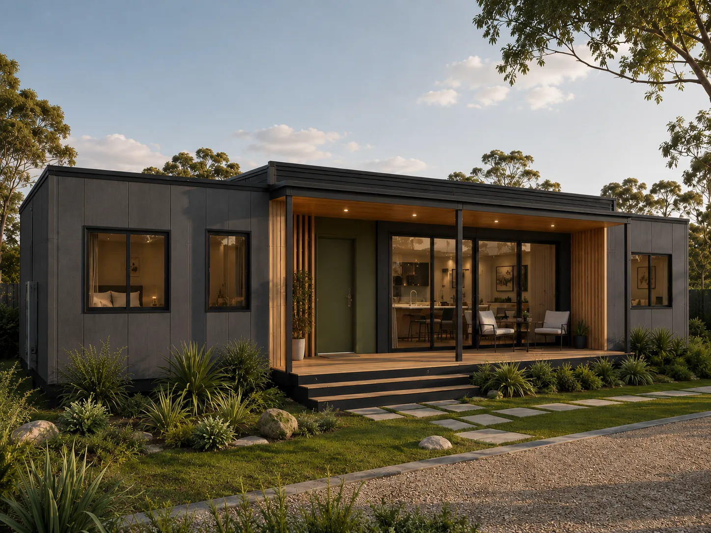 Horizon modular home with charcoal facade