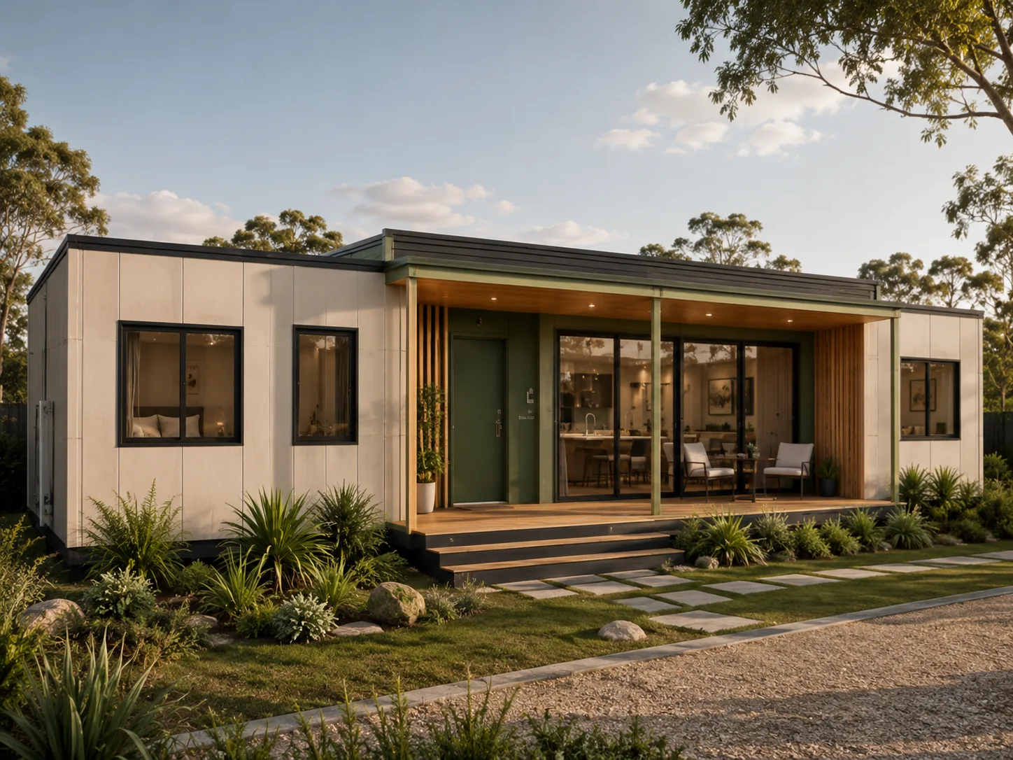 Horizon modular home with sand cladding and green feature facade