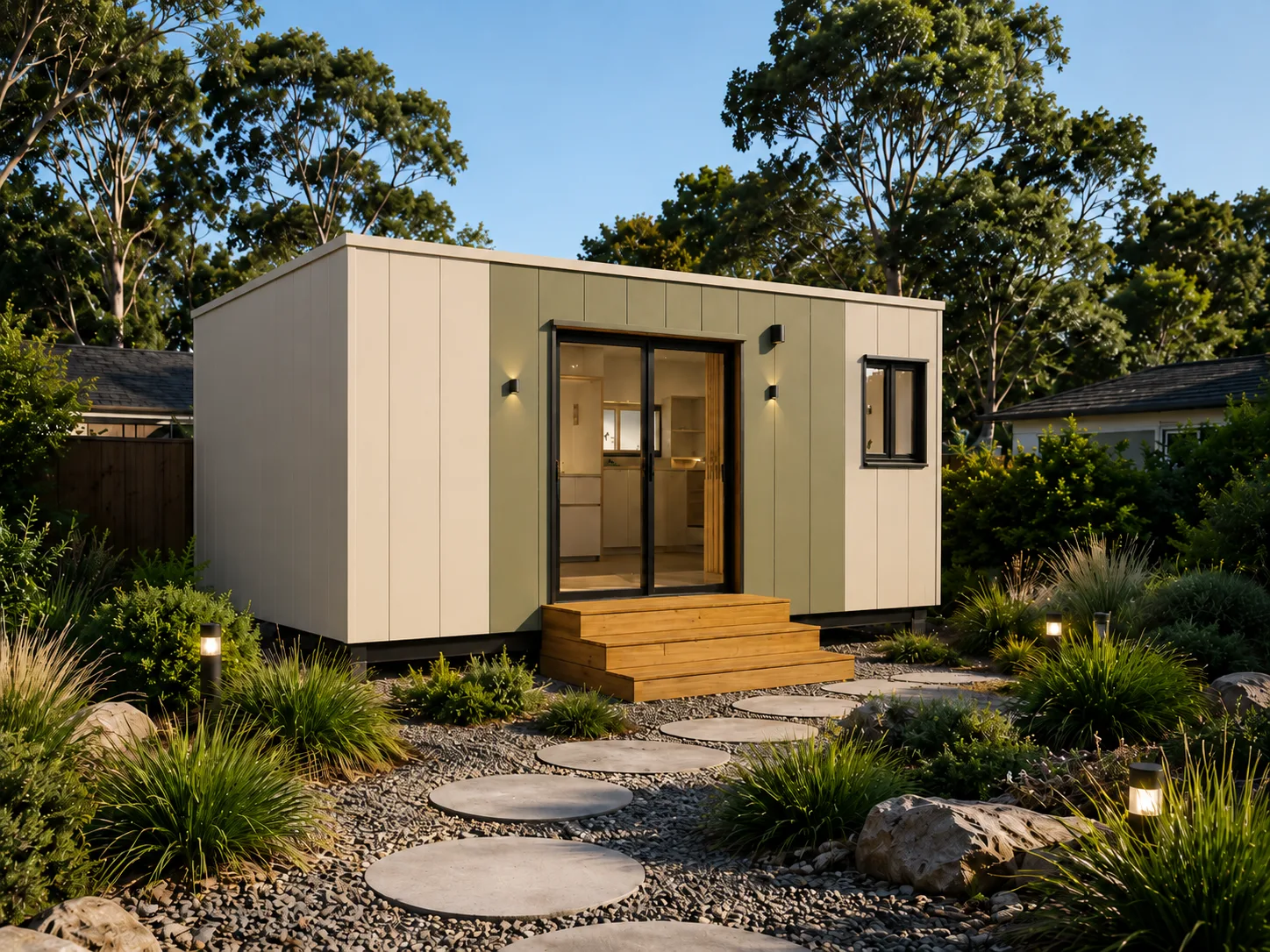 Origin modular studio with sand cladding and green feature facade