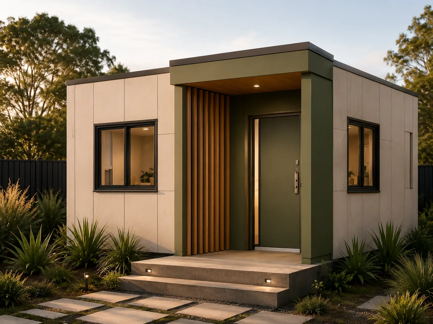 Vista modular home with sand cladding and green entry facade