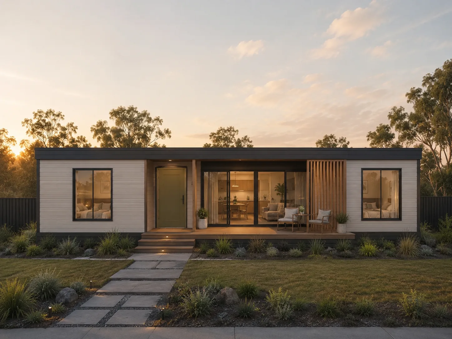 Willow modular home with sand cladding and green feature facade
